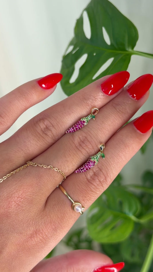14k Gemstone encrusted chili pepper pendant