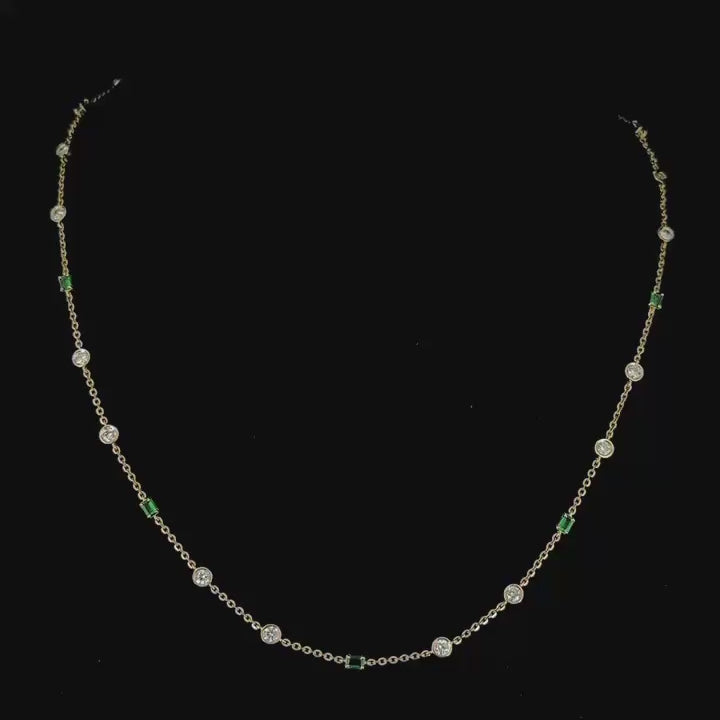14k gold emerald & diamond bezel station necklace