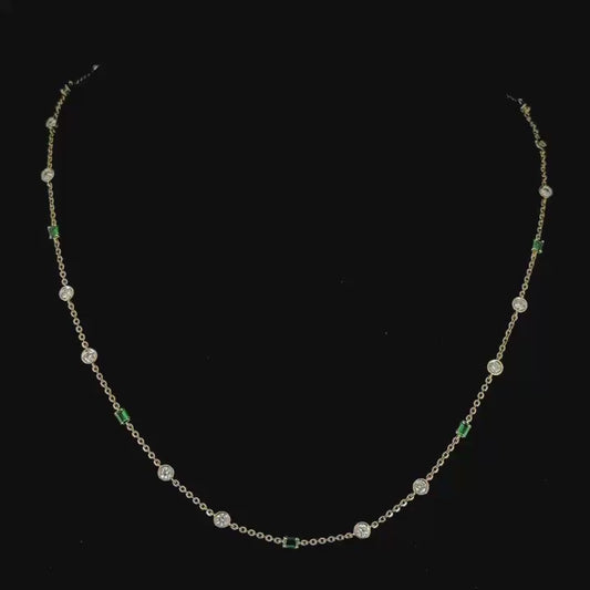 14k gold emerald & diamond bezel station necklace